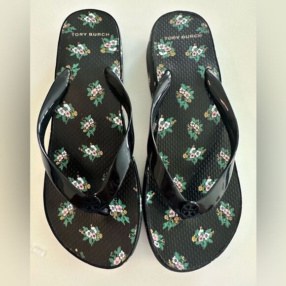 Tory Burch Black Floral Wedge Flip Flops - Picture 2 of 5